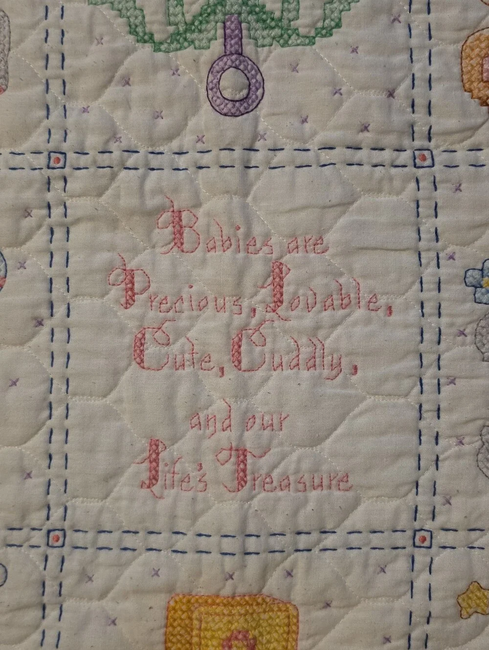 2009 Completed Bucilla Plaid Babies Are Precious Cross Stitch Baby Blanket